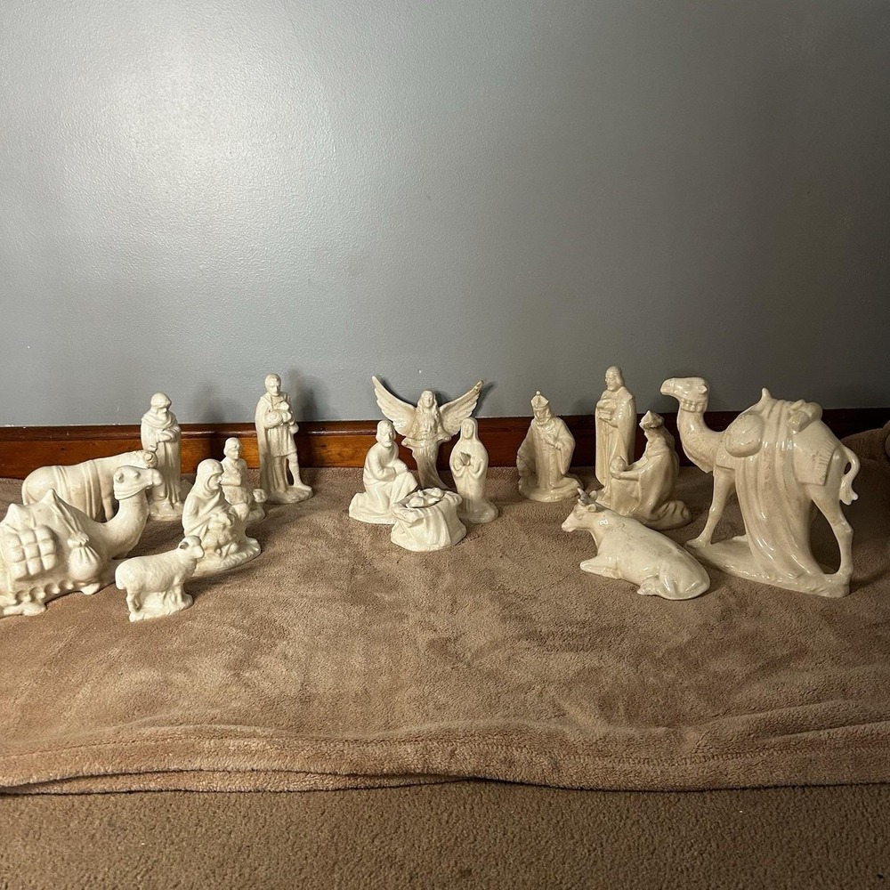 Vintage Ceramic Nativity Figures lot 16 pieces white Signed Jo Back